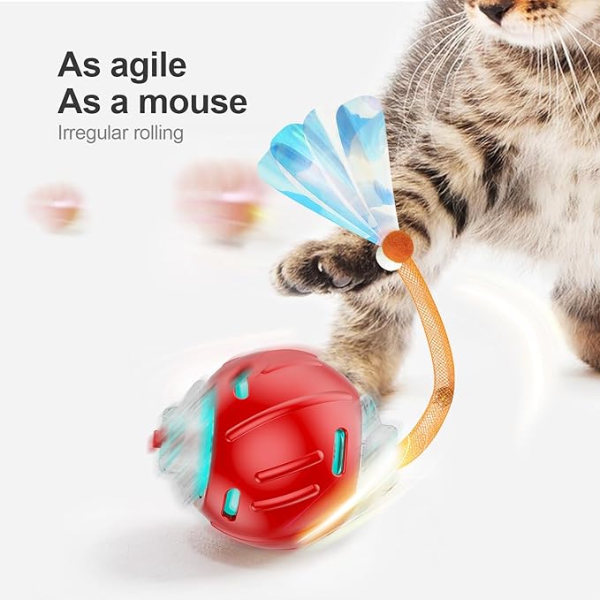 Interactive Cat Toys for Indoor Cats,The 3rd Generation Agile Moving Cat Ball with Elastic Mesh Tail,Automatic Kitten Toys for Bored Indoor Adult Cats,Motion Activated (Red)