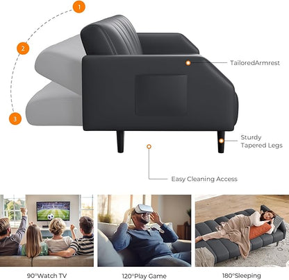 Fadware Faux Leather Couch, Convertible Futon Sofa Bed with Adjustable Backrest, Mid Century Leather Sofa Loveseat with Side Pockets& Metal Leg, Modern Leather Sleeper Sofa for Living Room Bedroom