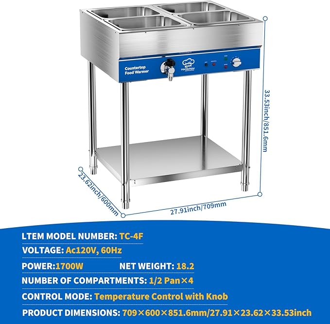 4-Pan Commercial Food Warmer, Electric Steam Table, 120V 1700W Stainless Steel