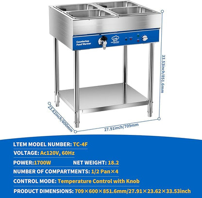 4-Pan Commercial Food Warmer, Electric Steam Table, 120V 1700W Stainless Steel