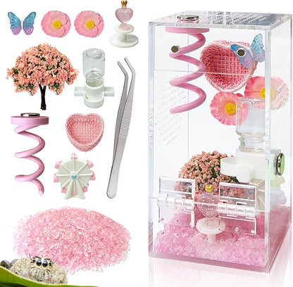 Jumping Spider Enclosure,DIY Insects Habitat,Small Reptile Terrarium Glass House Accessories Set,with Jumping Platform Hide Water Feeder (Pink B)