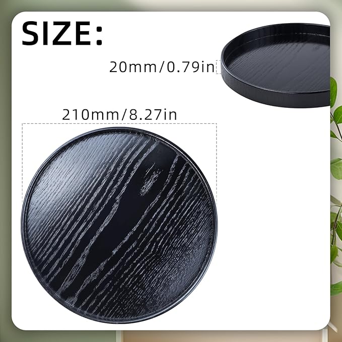 Round Solid Wood Serving Tray 21CM Black,Decorative Wooden Serving Plate for Tea Coffee Snack Food Meals,Ottoman Breakfast Tray with Raised Edge,for Home,Kitchen,Bathroom,Party,Restaurant Decor(8.26")