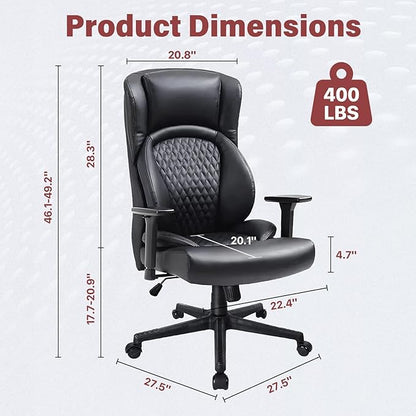 CLATINA Big & Tall Executive Managerial Chair, Heavy Duty Ergonomic Leather Office Desk Chair, High Back Computer Task Chair with 3D Adjustable Arms and Lumbar Support for Home Office, Black, 400LBS