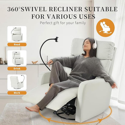 QKFF Swivel Rocker Recliner Chair for Nursery, Upholstered 360° Leather-air Glider Rocking Chair with Phone Holder, Manual Small Recliners for Small Spaces Living Room