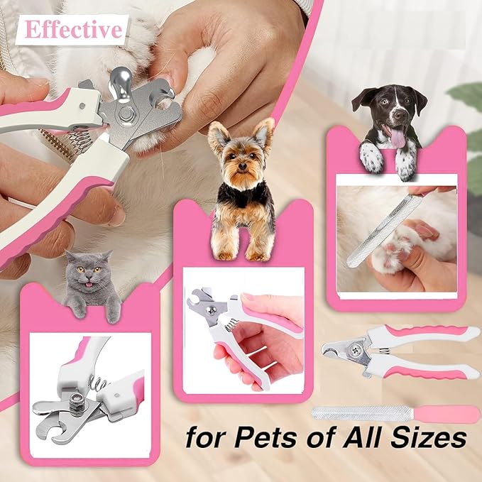 7 Pcs Cat Dog Brush Grooming Kits, Self-Cleaning Slicker Brush, Pet Nail Clipper and File, Flea Comb, Pet Shampoo Bath Brush, Pet Finger Toothbrush, Storage Bag (Pink)
