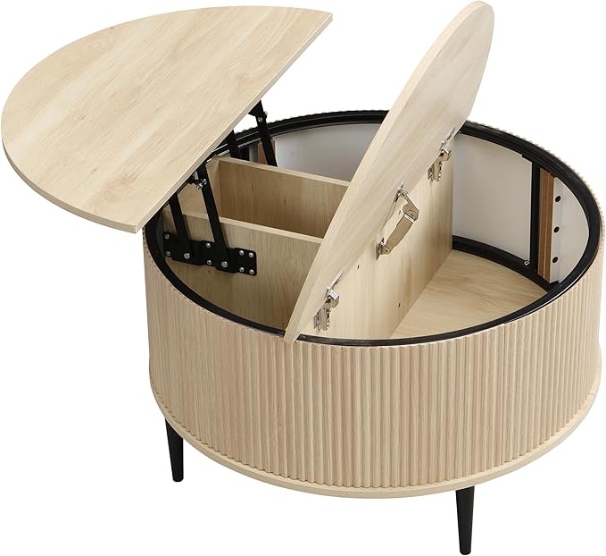 Yechen Round Coffee Table with Storage, 31.5" Flip-top Fluted Center Table, Midcentury Modern Lift Top Curved Table for Living Room,Natural