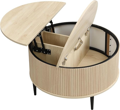 Yechen Round Coffee Table with Storage, 31.5" Flip-top Fluted Center Table, Midcentury Modern Lift Top Curved Table for Living Room,Natural