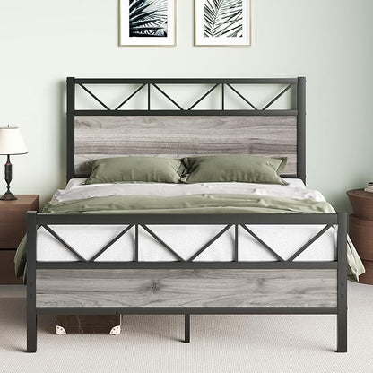 Full Size Bed Frame, 51.2" Tall Industrial Headboard, Full Platform Bed Frame with Strong Steel Slats Support, Noise Free, No Box Spring Needed, Easy Assembly, Wash Grey