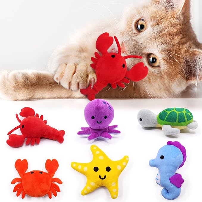 Catnip Toys for Indoor Cats Kitten Interactive Toys for Cat Lovers Gifts Chew Bite Kick Toys Supplies Lobster Octopus Crab Starfish Seahorse Sea Turtle Seafood Plush Catmint Pet Presents Set of 6