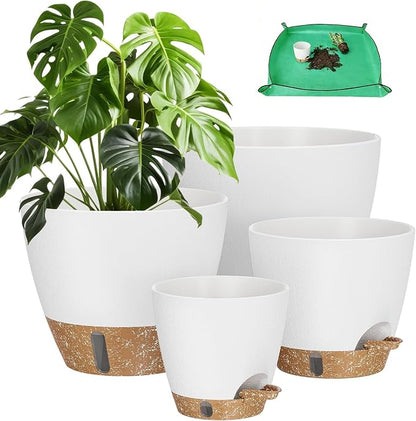 Plant Pots, 12" 10" 6" 8" Inch Self Watering Pots with Water Level Indicator, Set of 5 Flower Pots Indoor with Drainage Holes, Modern Planters for Indoor Outdoor Plants, Room & Office Décor