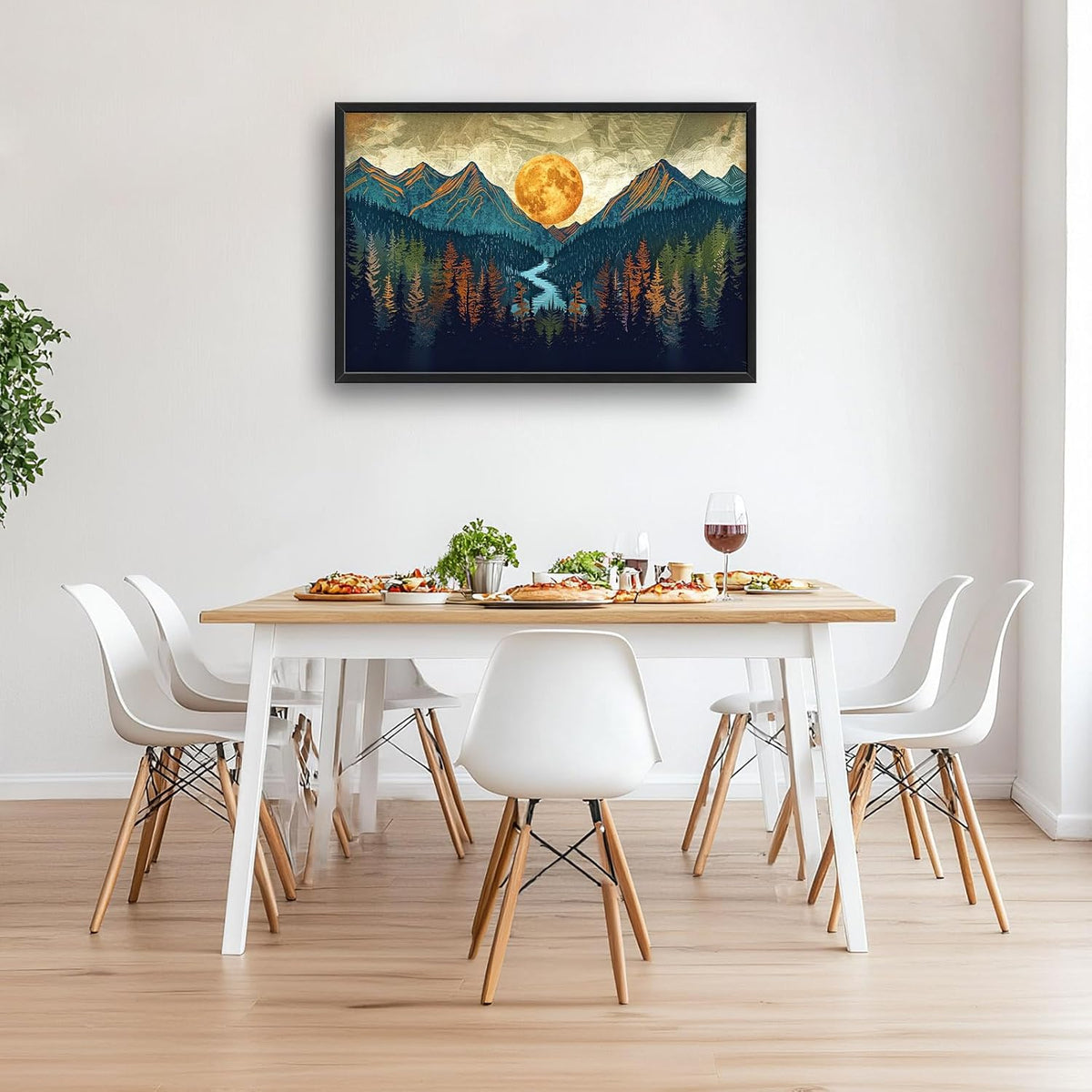 Quorin Boho Mountain Large Wall Art Mountain Landscape Pictures Moon Pine Tree Forest Lake Wall Decor Nature Canvas Print Painting Artwork for Bathroom Living Room Bedroom 36L x 24W