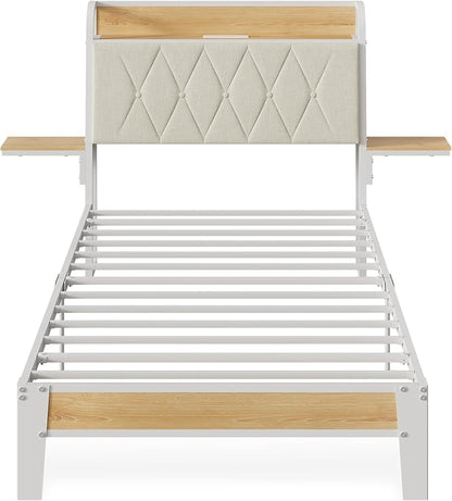 WLIVE Twin Size Upholstered Bed Frame with 2 Side Shelves, Linen Tufted Storage Headboard with Charging Ports and LED Light, Metal Solid and Stable, No Box Spring Needed, Easy Assembly, Beige