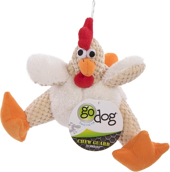 goDog Checkers Fat Rooster Squeaky Plush Dog Toy, Chew Guard Technology - White, Small