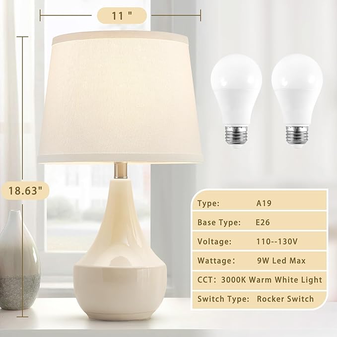 GyroVu Table Lamp Set of 2, 18.63” Ceramic Table Lamp Classic Beside Lamps Nightstand Lamp Modern Lamp for Living Room, Bedroom & Office Rocker Swtich Cream-LED Bulbs Included