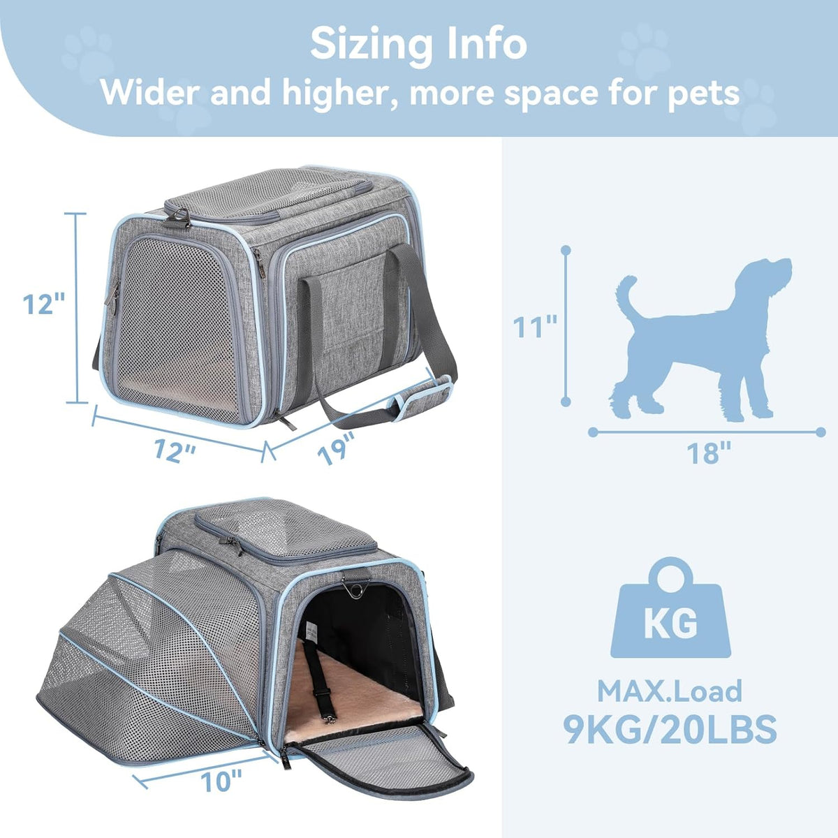 Petsfit Expandable Pet Carrier, 19x12x12 inches Soft-Sided Portable Cat Carrier Dog Carrier, with Removable Plush Mat, Locking Safety Zippers and Pockets