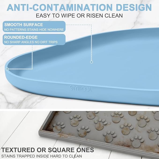 SMILOOL Waterproof Silicone Pet Food Mat with Raised Edge for Dog & Cat | 24" x 16" Non-Slip Pet Feeding Mats with Lip for Food & Water Bowl, Food Grade, Easy Cleaning, Light Blue