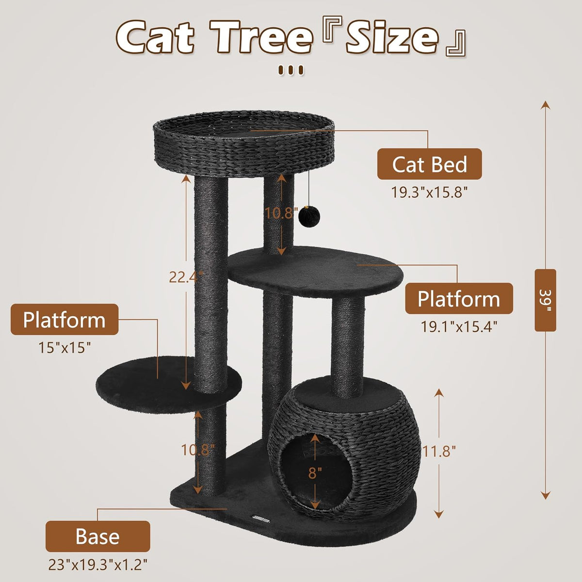 KAMABOKO Modern Cat Tree, 39" Tall Cat Tree Black for Kittens Climb Play & Rest, Cat Trees for Indoor Cats w/Natural Sisal Scratching Posts, Hand-Woven Condo & Top Perch