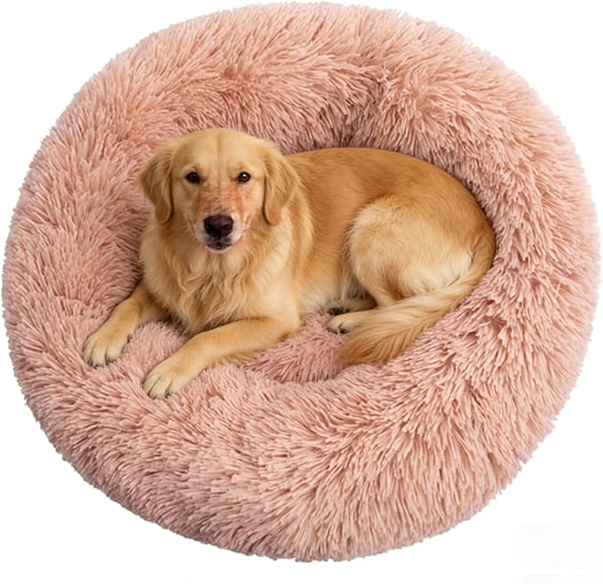 Calming Donut Dog Beds Large Sized Dog - Washable Removable Cover Non-Slip, Round Pet Bed Warming Fluffy Plush Faux Fur Anti-Anxiety Thick Cushion, Fits up to 80 lbs (Blush, 36")