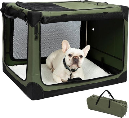 Pettycare Portable Travel Dog Crate 4-Door Soft Sided 30 Inch Collapsible Dog Crate with Curtains Durable Mesh Foldable Pet Kennel Soft Crates for Medium Dogs Indoor & Outdoor Olive Green