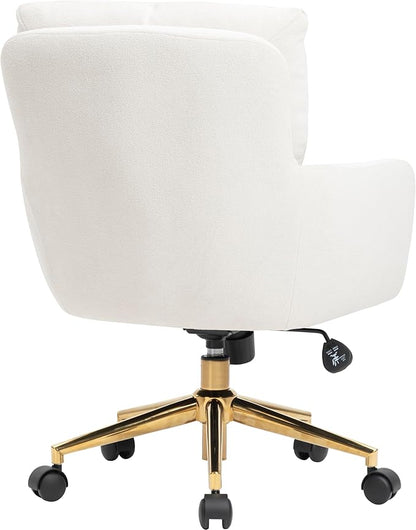 BALIAA Flannel Office Chair, Comfy Home Office Desk Chairs with Lumbar Support, Modern Velvet Desk Chair Gold Legs Small Swivel Task Chair for Home Office, Bedroom, Study (Beige, L)