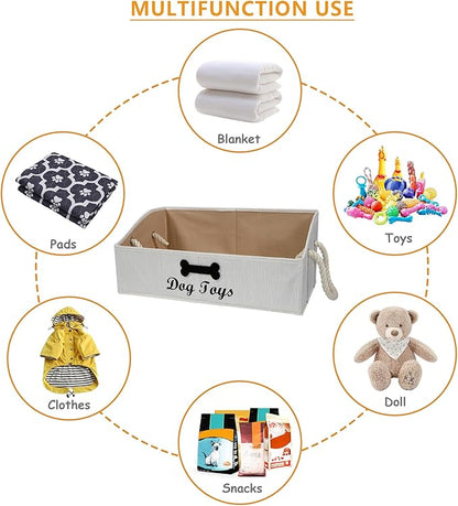 Trapezoid Fabric Dog Toy Basket with Rope Handle - Storage Organizer for Pet Toys - Personalizable - Beige
