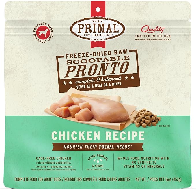 Primal Freeze Dried Dog Food, Pronto Mini Nuggets, Chicken; Scoop & Serve, Complete & Balanced Meal; Also Use As Topper or Treat; Premium, Healthy, Grain Free, High Protein Raw Dog Food (16 oz)