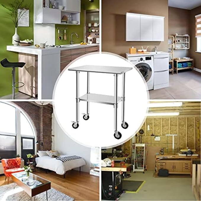 Stainless Steel Table - Metal Table Cart - Commercial Workbench with Caster Wheel - NSF Certified - for Restaurant, Warehouse, Home, Kitchen, Garage,30''x18''