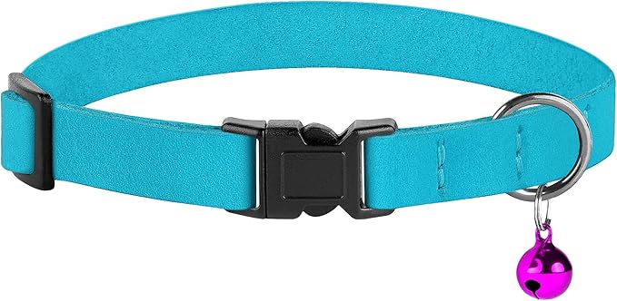 Breakaway Cat Collar Leather with Removable Bell - 13 Colors Available - Soft Adjustable Girl Boy Safety Lightweight Pet Kitten Collars Pink Brown Blue Green Red Orange Black (Aquamarine)