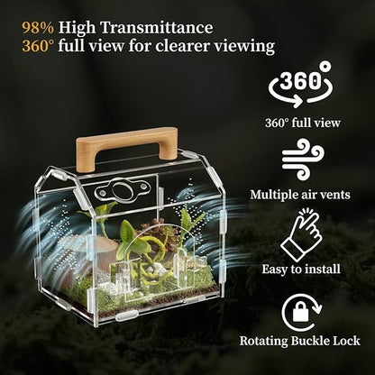 Acrylic Jumping Spider Habitat, Reptile Terrarium Easy Assembly, Bug Enclosure, Praying Mantis Habitat, Frog Enclosure (Small-6.3 * 4.7 * 6.7in)