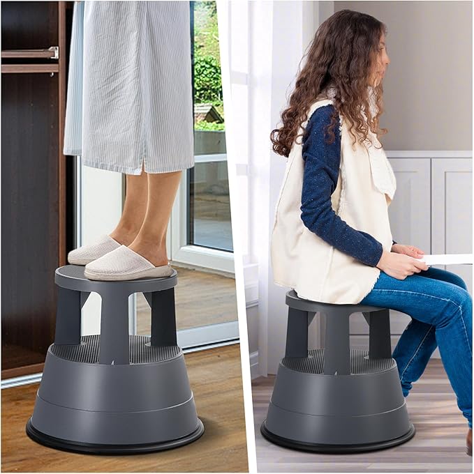 Giantex Rolling Step Stool, Library Stool w/Non-Slip Platform, Thick Rubber Ring, Outdoor Indoor Portable Round Step Stools with Wheels for Adults, Seniors, Kids, Max Load 330 lbs
