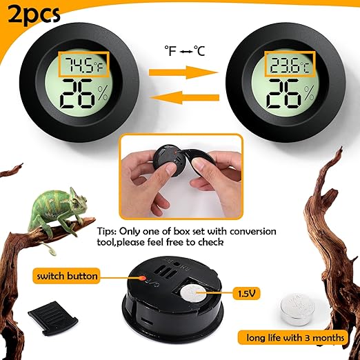 Reptile Tank Accessories, 2 PCS Reptile Thermometer and Humidity Gauge for Bearded Dragon, Jumping Spider, Leopard Gecko, Hermit Crab, Gecko, Ball Python, Lizard