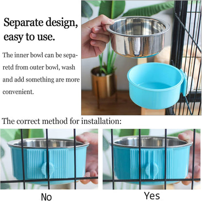 kathson Crate Dog Bowl, Removable Stainless Steel Hanging Pet Cage Bowl Food & Water Feeder Coop Cup for Cat, Puppy, Birds, Rats, Guinea Pigs 2pcs(Blue,Pink)