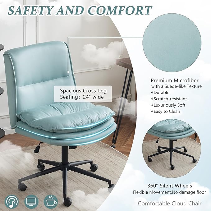 VINGLI Cloud Criss Cross Legged Chair,18" High Back Armless Home Office Desk Chair with Wheels,Wide Adjustable Comfy Padded Seat Task Computer Chair,Modern Swivel Makeup Vanity Chair,Microfiber,Blue