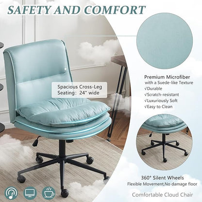 VINGLI Cloud Criss Cross Legged Chair,18" High Back Armless Home Office Desk Chair with Wheels,Wide Adjustable Comfy Padded Seat Task Computer Chair,Modern Swivel Makeup Vanity Chair,Microfiber,Blue