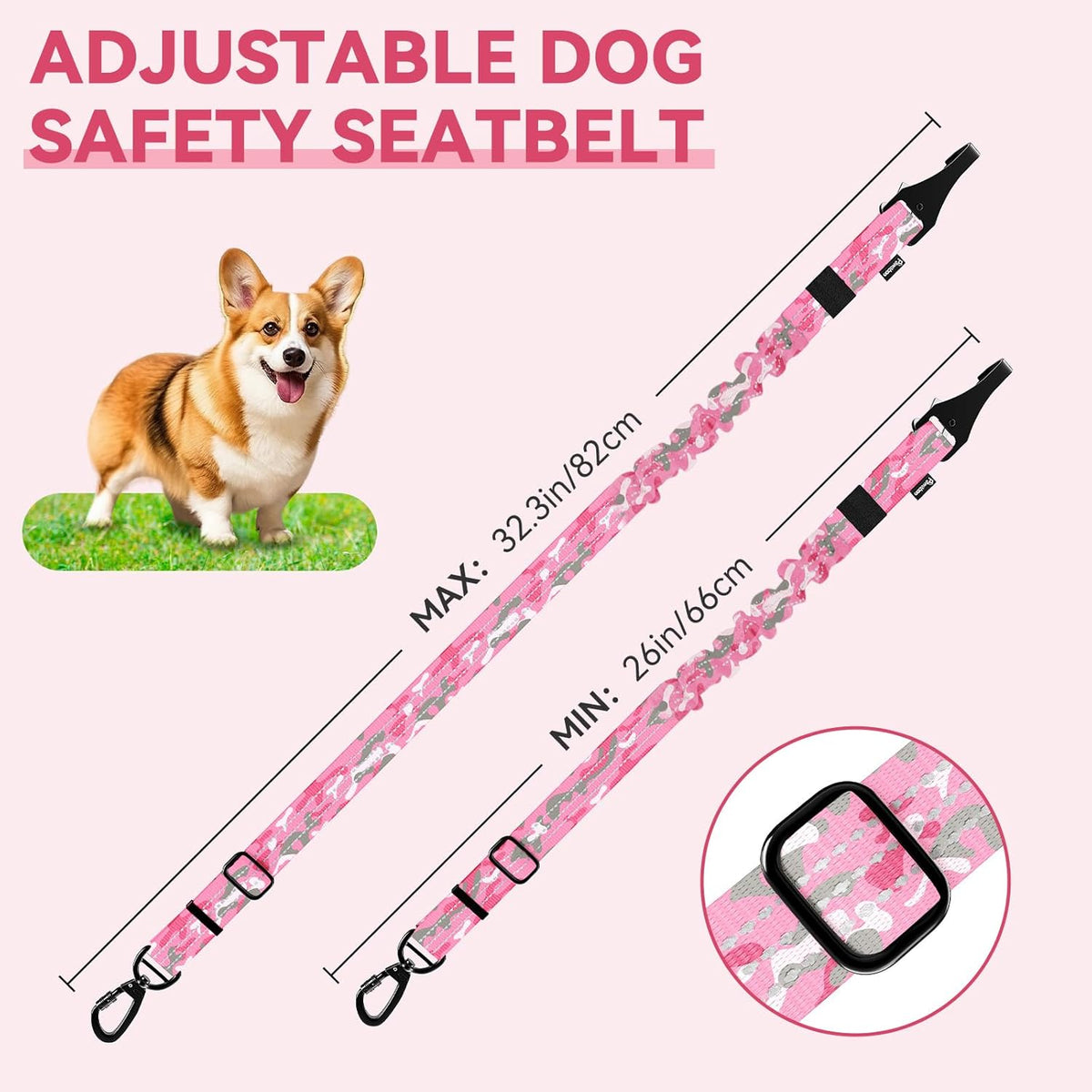 Pawaboo 2Pack Dog Seatbelt for Car, Dog Car Seat Belt Bungee, Dogs Tether for Cars with Buckle & Hook Latch, Adjustable Reflective Dogs Cars Harness Leash with 360° Lockable Buckle, Pink Camouflage
