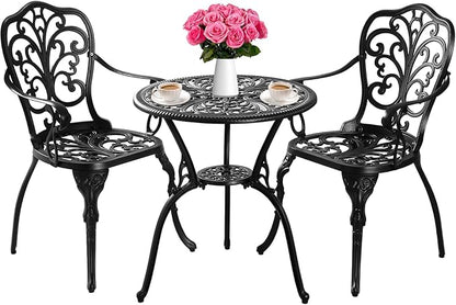 Withniture Bistro Set 3 Piece Outdoor, Bistro Table and Chairs Set of 2, All Weather Patio Bistro Set with Umbrella Hole, Patio Set for Garden, Black
