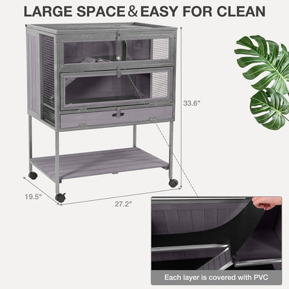 Guinea Pig Cage, Moveable Metal Frame Hamster Cage Anti-Chewing with Aluminium Alloy Edge, Hideouts, Ramps, Seesaws Chewing Toy, Deeper Pull-Out Leakproof Tray for Indoor Outdoor(Grey