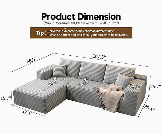 107.5" Cloud Modular Sectional Sofa Couch with L-Shape Chaise,Modern Minimalist Upholstered Couches for Living Room Bedroom,Deep Seat Corner Couch，No Assembly Required (Grey,Left Facing Chaise)