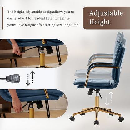 MOJAY Mid-Back Ergonomic Leather Office Chair, Modern Upholstered Executive Desk Chair with Gold Frame Armrest Computer Task Chair (DarkBlue)