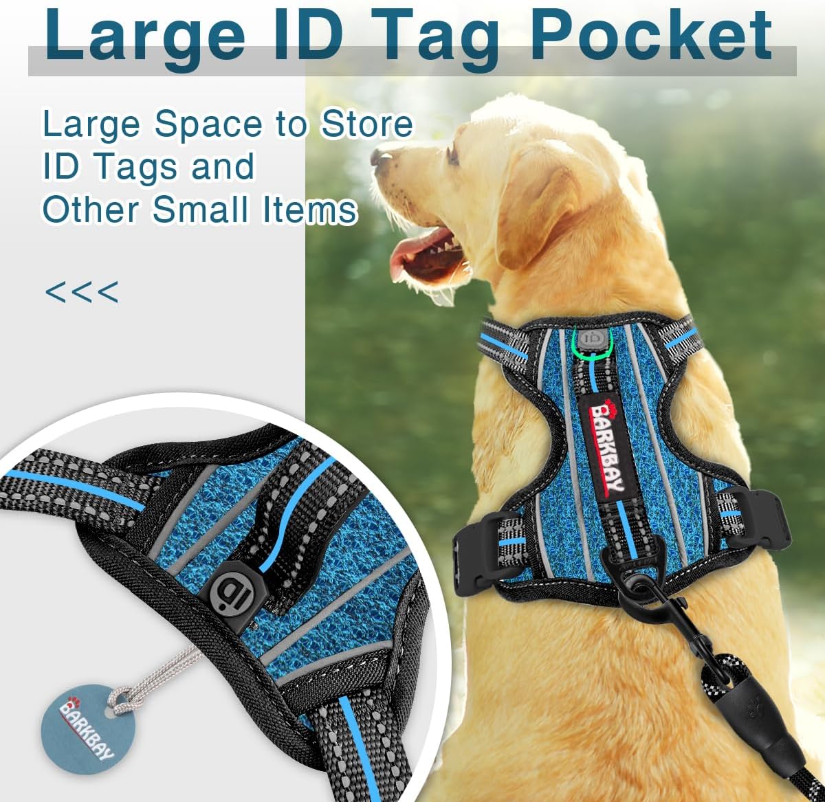 BARKBAY Dog Harness No Pull with ID Tag Pocket - Heavy Duty, Reflective, Easy Control for Large Dogs(Blue/Black,XL)