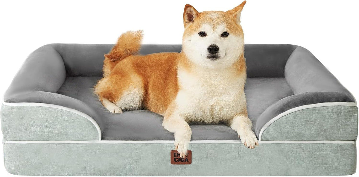EHEYCIGA Orthopedic Dog Beds for Large Dogs, Waterproof Memory Foam Large Pet Bed with Sides, Non-Slip Bottom and Egg-Crate Foam Dog Couch Bed with Washable Removable Cover, Greyish Green