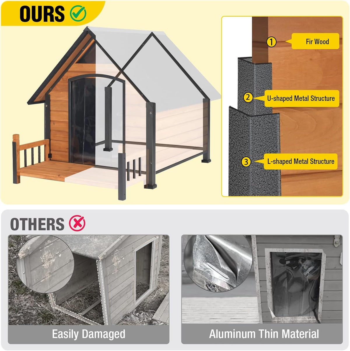 Outdoor Dog House with All-Around Insulated Liner Weatherproof Puppy Shelter Indoor Dog Kennel, Anti-Bite Dog Home for Large Breed with Porch (Brown, Large)