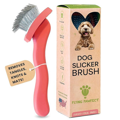 Slicker Brush for Dogs - Long Pin for Poodles, Doodles & Long Haired Dogs, Deshedding & Dematting Tool, Slicker Dog Brushes for Grooming (Coral, Curved Small)