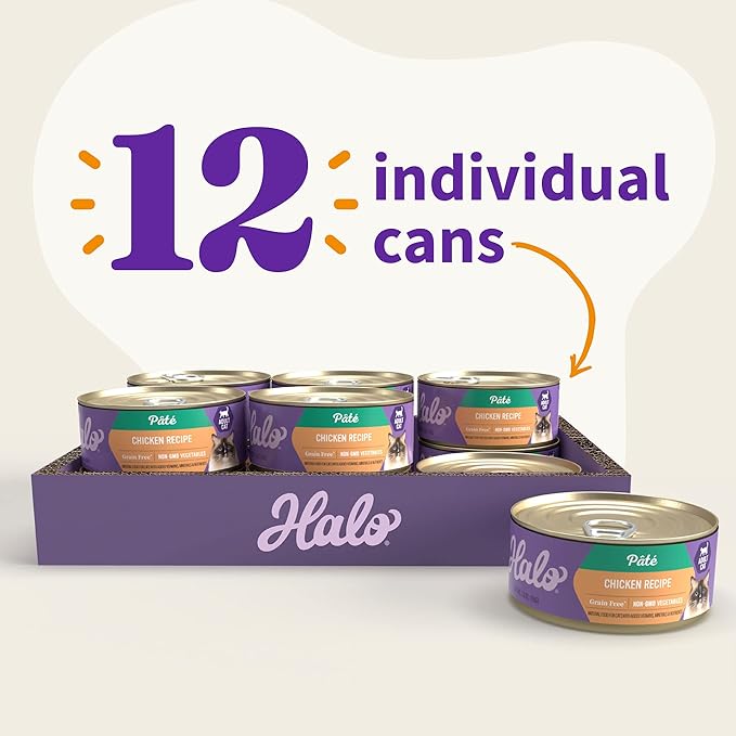 Halo Wet Cat Food Whole Chicken Recipe, Grain Free Wet Cat Pate, Canned Cat Food for Extra Hydration, 5.5 Oz Can (Pack of 12)