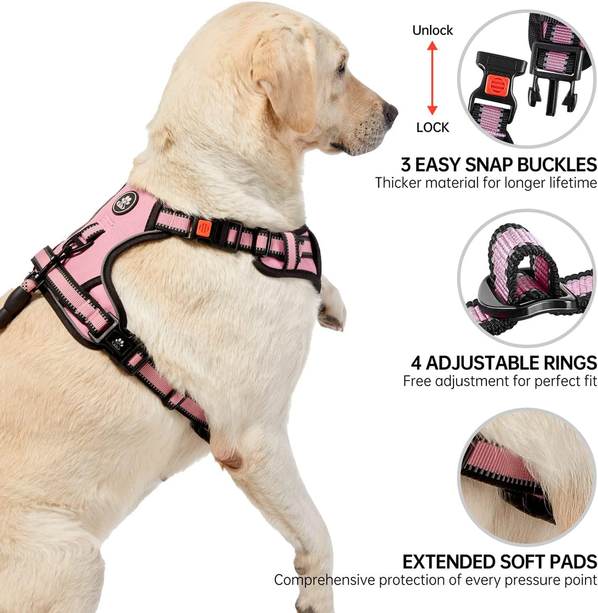 NESTROAD No Pull Dog Harness,Adjustable Oxford Medium Dog Harness with Leash,Reflective No-Choke Pet Vest Harness with Easy Control Soft Handle for Small Medium Large Dogs(M,Pink)