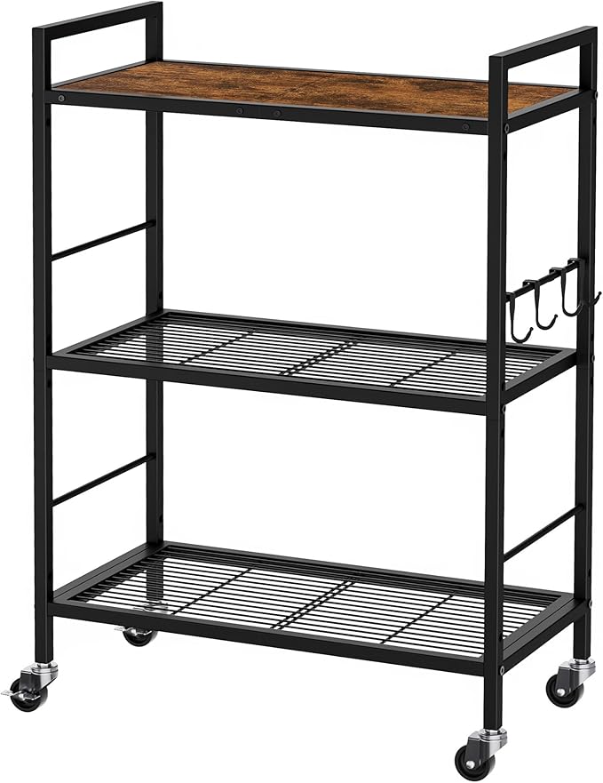 XIVIRACK 3-Tier Metal Storage Rack with Industrial Wheels,Mesh Shelving Unit with Wooden Table top,Adjustable Shelf,23.6-Inch Width,for Kitchen,Laundry,Pantry,Plant,Black