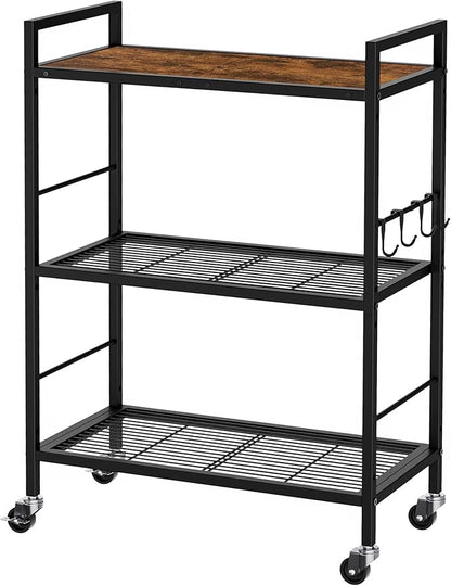 XIVIRACK 3-Tier Metal Storage Rack with Industrial Wheels,Mesh Shelving Unit with Wooden Table top,Adjustable Shelf,23.6-Inch Width,for Kitchen,Laundry,Pantry,Plant,Black