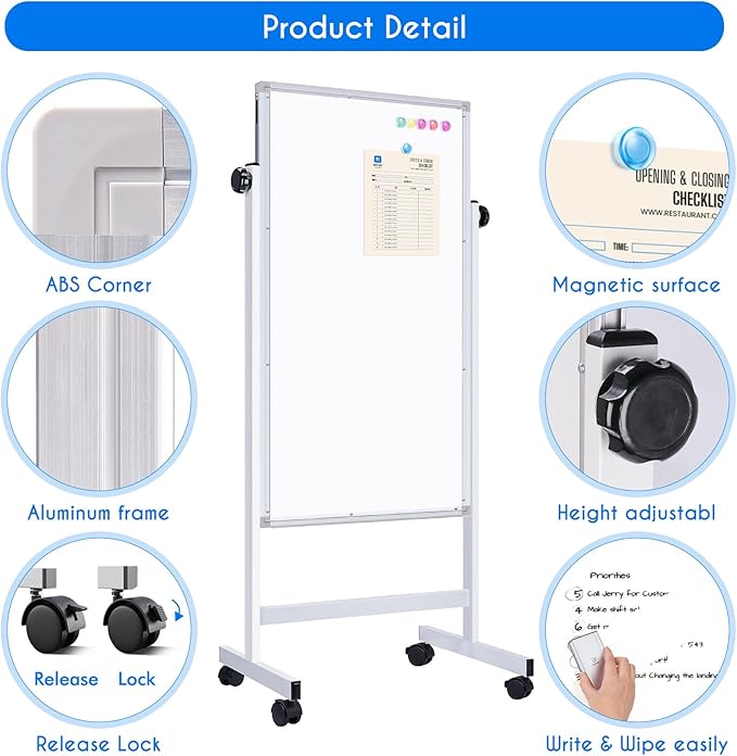 maxtek Rolling White Board, 48 x 24 Height Adjustable Whiteboard on Wheels, Large Magnetic Standing Mobile Easel Board, Double-Sided with Stand for Office, Home, and Classroom