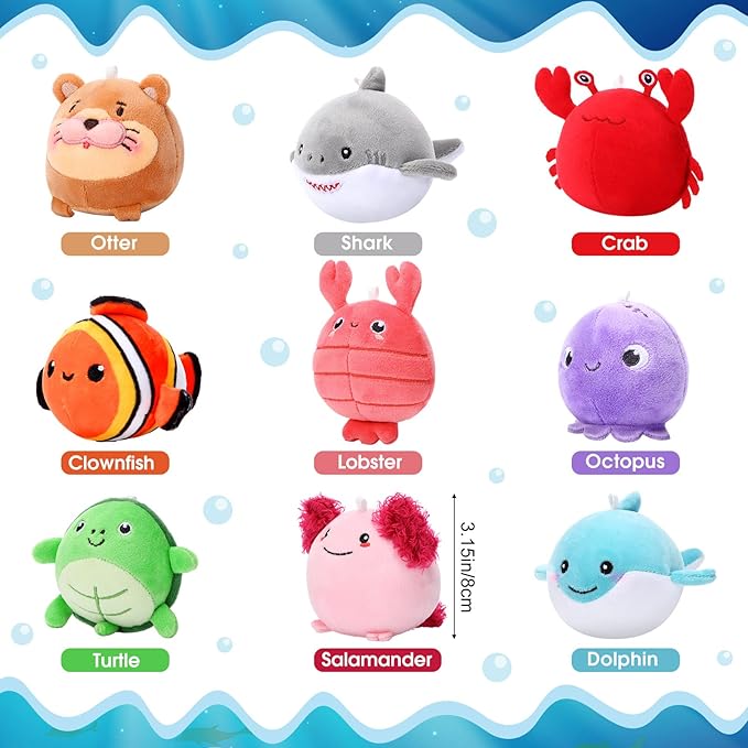9 Pcs Mini Sealife Stuffed Animals 3.15 Inch Stuffed Shark Turtle Ocean Animal Soft Plushies for Birthday Ocean Party Decors Gift Bag Fillers Easter Basket Stuffers Classroom Prizes