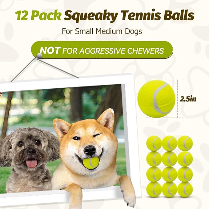 Nobleza 12 Pack 2.5' Floatable Squeaky Tennis Balls for Small Medium Dogs, Training Safe Natural Rubber Squeaky Dog Balls for Fetch Exercise, Yellow